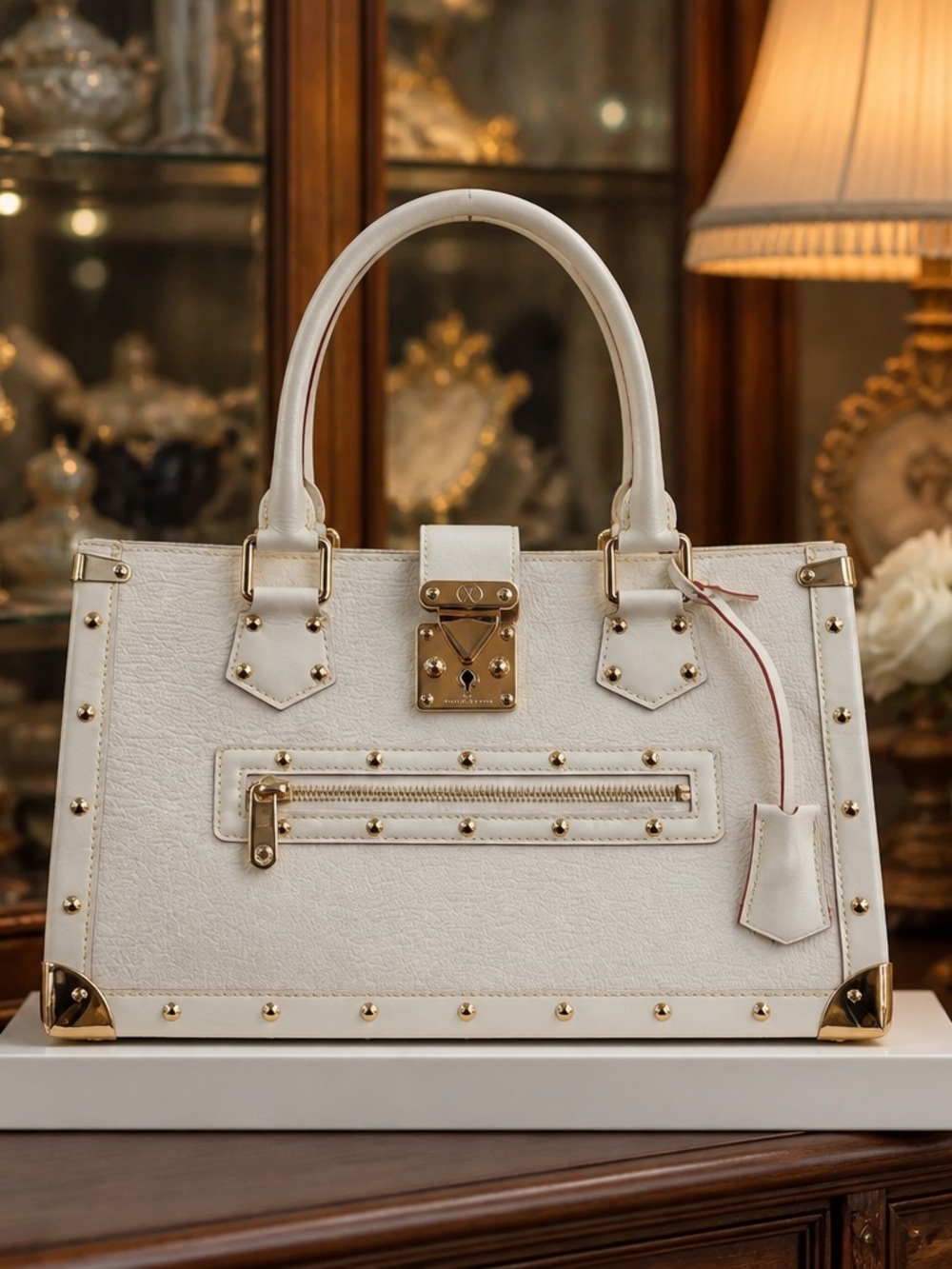 🌹SOLD🌹Louis Vuitton White goat Leather Stud-Top-Handle Satchel with Gold hardwar